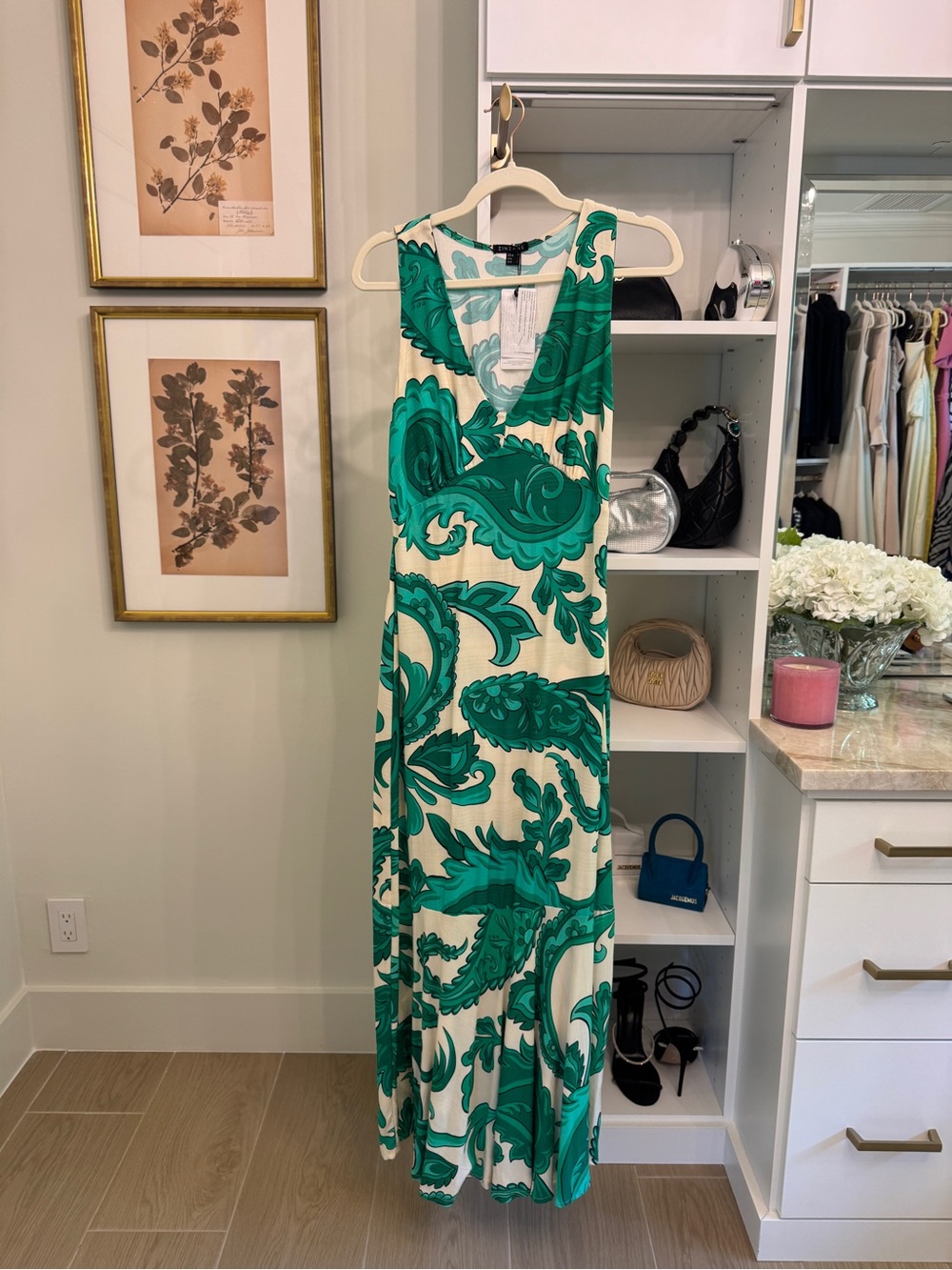 Sleeveless Green Scroll-Print Maxi Dress - Cream & Emerald